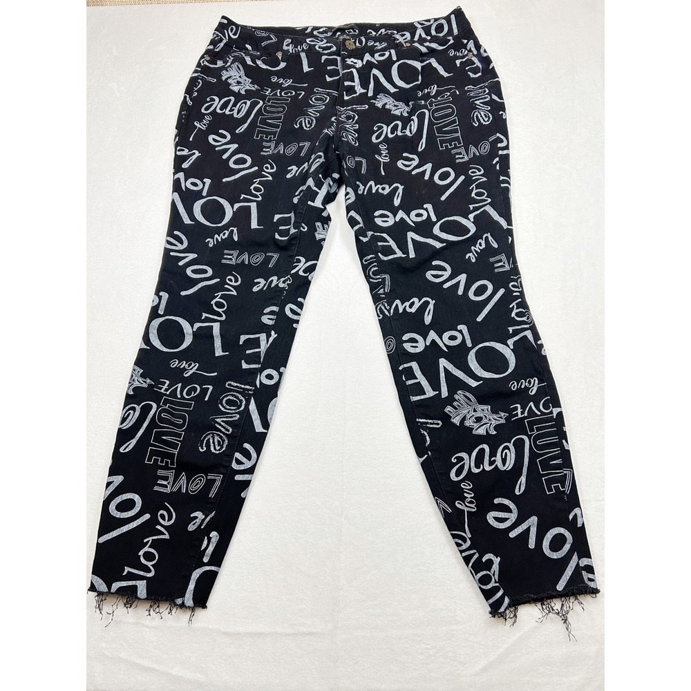 Ashley Stewart Womens Love Script Print Black Denim Jeans Raw Hem Size 18